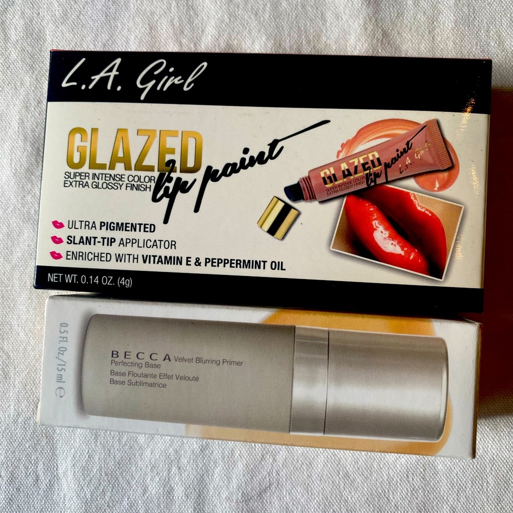 NEW IN BOX Glow Duo: BECCA Velvet Blurring Primer + LA Girl Glazed Lip Paint